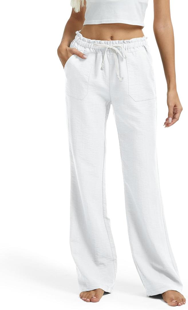 SEVEGO Tall Women Casual Linen Pants 30"/32"/34"/36" Inseam Drawstring Smocked Waist Beach Summer Trousers with Pockets (Large, White)