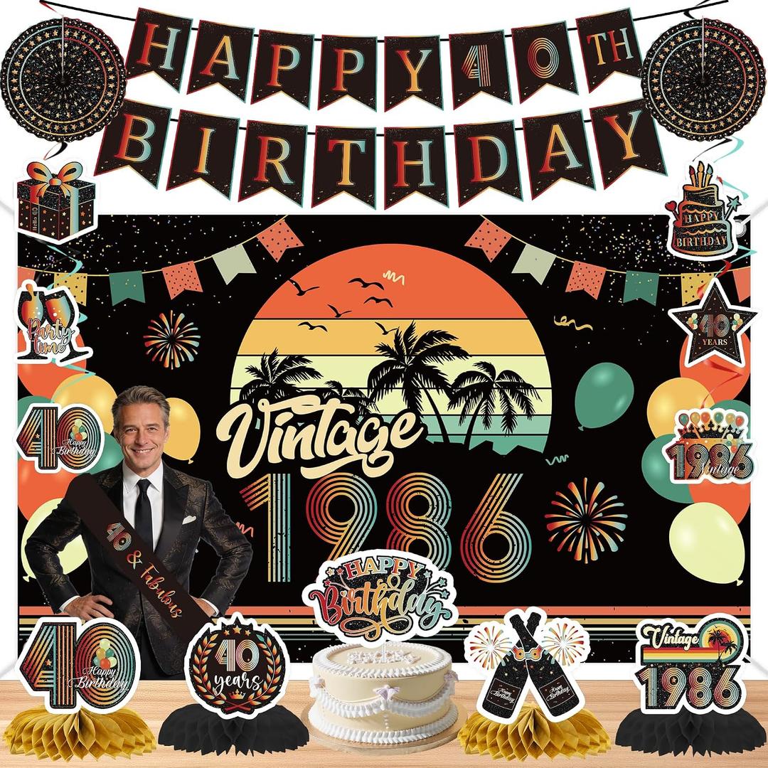 Happy 40th Birthday Decorations, Vintage 1986 Party Supplies, Happy Birthday Banner, Sash, Backdrop, Honeycomb, Swirls, Paper Fans, Cake Topper, Celebrate 40 Year Old Decor