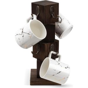 PUERSI Coffee Mug Holder for Counter, Rustic Solid Wood Mug Tree, Farmhouse Wooden Coffee Cup Rack with 8 Hooks (Rustic Brown)