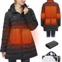 Graphene Heated Jacket for Women, Long Heated Coats for Women with Battery Pack 8 Heating Zones Detachable Hood (Small)
