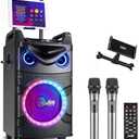 Moukey Karaoke Machine with 2 UHF Wireless Microphones, Portable Bluetooth PA System Speaker, Lyrics Display Tablet Holder, Party Lights & Echo/Treble/Bass Adjustment Support TWS/REC/AUX/MP3/USB/TF/FM