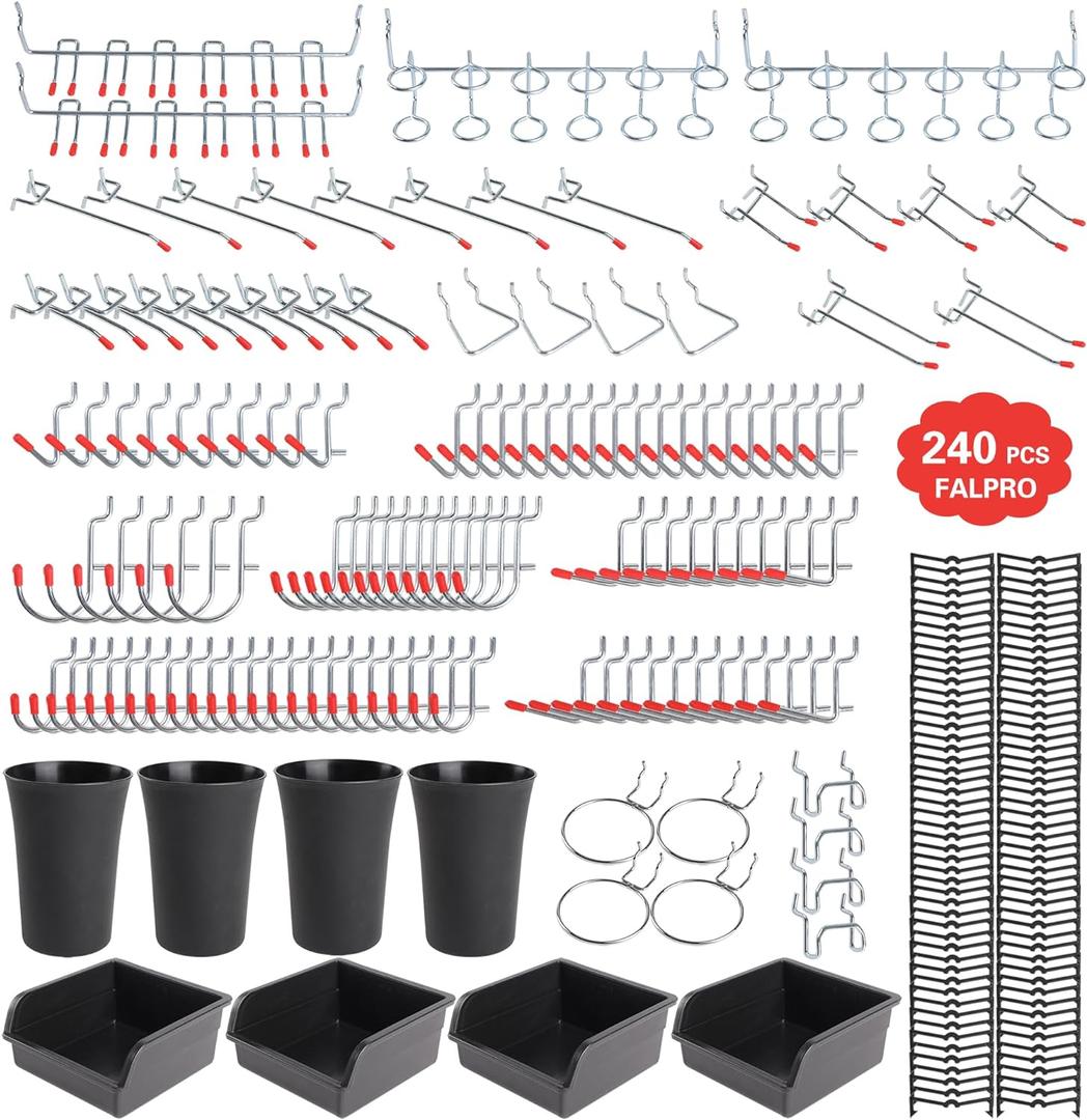 240PCS Pegboard Hooks Assortment, Pegboard Organizer Kit with Bins, Cups, 1/8 and 1/4 inch Hooks for Hanging Tools, Garage Wall Organization