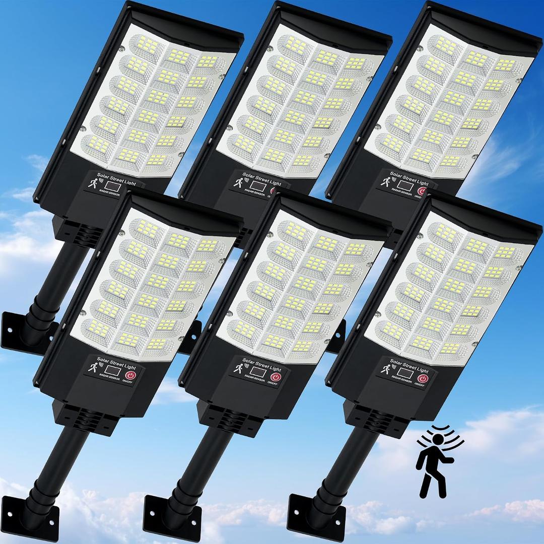 Solar Street Lights Outdoor, Waterproof Motion Sensor Solar Lights with Remote Control, 6500K Dusk to Dawn Parking Lot Flood Light for Outside Garage Yard, 6 Pack