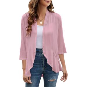 Yekaty Women Cardigan 3/4 Sleeves Open Front Lightweight Cardigan Draped Ruffles Knit Cardigan (Pink)