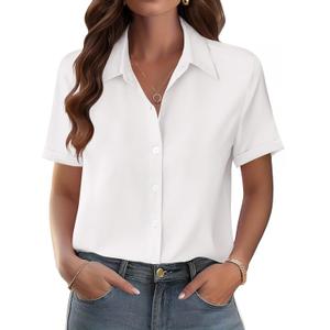 Zeagoo Womens Button Down Blouse Rolled Cuffed Short Sleeve Shirts Casual Work Blouse Summer Hawaiian Outfits (Small, White)