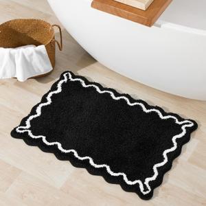 ORTIGIA Black Bath Mat with White Scallop Non Slip, Quick Dry Bath Rug Absorbent Soft Plush Microfiber Bathmat for Bathroom Floor Carpet for Sink Bedroom, 20x32
