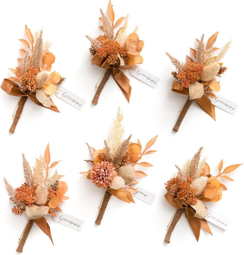 Ling's moment Boutonniere for Men, 6pcs Groom Groomsmen Boutonniere, Artificial Flowers for Wedding Decor/Prom/Homecoming, etc.Rust Boho Terracotta