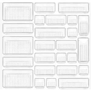 Plastic Drawer Dividers Set Customizable Storage Bins (25 Pieces), Multi-Purpose Use Ideal for bathroom, kitchen, office, or vanity drawers.
