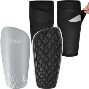 Northdeer Soccer Shin Guards for Kids Adults. Sleeves with Optimized Insert Pocket - Protective Soccer for Boys Girls Men (M (4'7"-5'3"), Shin Pads 1 Pair + Sleeves 1 Pair, Grey)