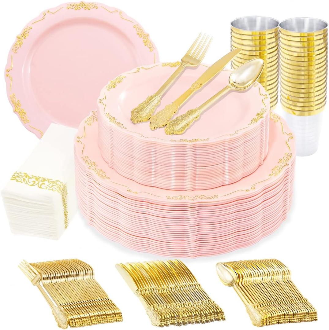 Supernal 210 Pink Plastic Plates,Gold Plastic Silverware,Elegant Party Cups,Dessert/Salad Plate with Gold Rim, disposable Napkins,Suit for Valentine's Day Bridal Shower, Wedding,Birthday