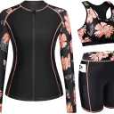Daci Women 3 Piece Rash Guard - 3PC Long Sleeve Zip up Swim Shirt Sports Bra Modest Swimsuit with Shorts (Large, Orange Floral)