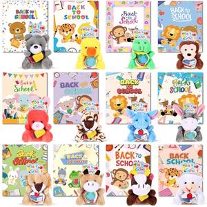 Hollowfly 60 Pcs 15 Sets Back to School Mini Stuffed Animals Bulk with Cards First Day of School Mini Animal Plush Toy Soft Plush Doll for Party Favor Classroom Exchange Prizes,
