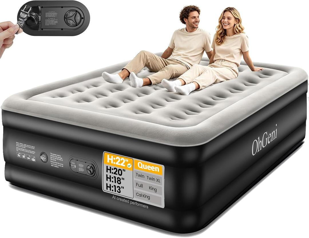 OhGeni 22" Raised Air Mattress Queen with Built in Pump, Inflatable Blow Up Mattress, Upgraded Surface Portable Bed for Home, Camping, Colchone Inflable, Ideal Sleep Solution for Guests, 800lbs