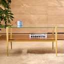 Shrine Rectangle Coffee Table, Mid-Century Modern Design, 2-Tier Structure, Clear Glass Top and Walnut MDF Shelf, 41" D x 21" W x 17" H, Sleek Conical Metal Legs with Gold Finish
