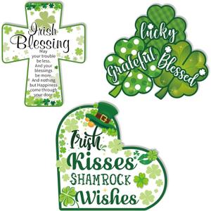 HOWAF 3pcs St. Patrick's Day Table Sign, Irish Shamrock Wood Table Decorations, Heart Shape St. Religious Patrick's Day Wooden Blocks for Tiered Tray Decor, Farmhouse Clover Cross Centerpieces
