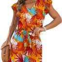 VERABENDI Women’s Tropical Romper Vacation Outfit – V Neck Flutter Sleeve Tie Waist Beach Romper for Cruise, Resort & Island (Orange, M)