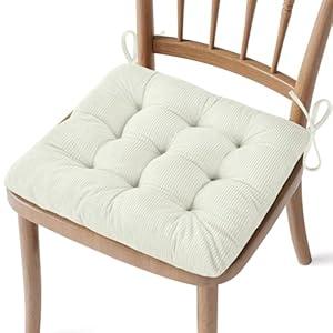 FlyGulls Corduroy Chair Cushions for Dining Chairs Indoor Kitchen Seat Cushion with Ties 1 Pack Tufted Large Kitchen Seat Pads for Dining Room 18" x 18" White