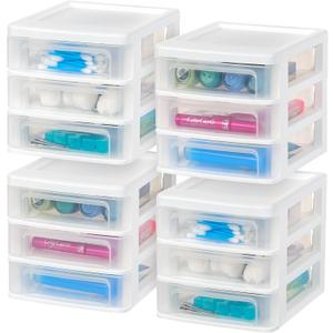 IRIS USA Small 3-Drawer Desktop Organizer, 4 Pack, Stackable, for Office, School, Stationery, Makeup Organizer, Bathroom, Utility, Medical Supplies, Desk Organizer, Versatile Storage, White