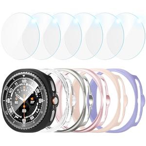 JZK Galaxy Watch 8 46mm Screen Protector-[6+6] Pack Protective case+Tempered Glass Screen Protector Full Coverage Hard PC Protective Cover HD Thin Cass for Samsung Galaxy Watch 8 46mm Accessories (Black/Clear/Lavender/Starlight/Rose Gold/Pink)