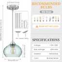 Pendant Lights Kitchen Island, Single Pendant Lights with Adjustable Height 5"-42", Pendant Light Fixtures with Green Glass Shade, Green Pendant Light for Living Room Bedroom Dining Room E26 Base