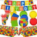 Building Block Birthday Party Supplies,143pcs Building Block Tableware Set Colorful Blocks Bricks Plates and Napkins Supplies Include Plates Cups Tablecloth Banner for Building Block Party