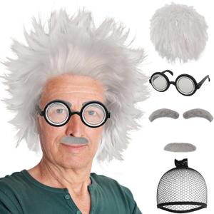 6 Pcs Set Old Man Wig Adult +Eyebrows+Beard+Glasses Mad Crazy Scientist Wigs Short Messy White Crazy Grandpa Cosplay Outfit 100 Days of School Wigs for Halloween Costume Party+Wig Cap