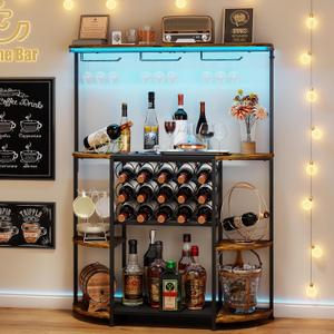 JKsmart 4-Tier Wine Rack with LED Lights, Home Mini Bar Table with 15 Bottles and Glass Holder, Freestanding Liquor Cabinet Storage for Kitchen, Dining Room, Bar (Rustic Brown)