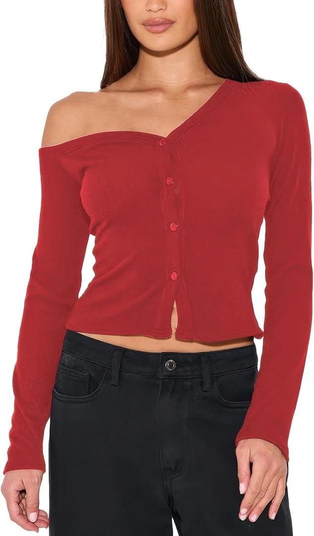 Women's Off The Shoulder Cropped Cardigan Sweaters Long Sleeve Button Down Ribbed Slim Fit Going Out Shirts Fall (Medium)