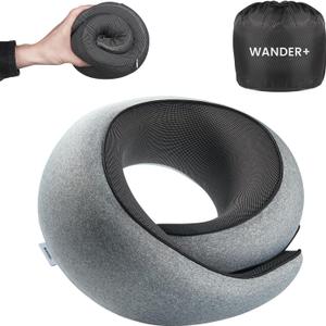 WANDER PLUS Travel Neck Pillow, Pure Memory Foam Neck Pillow for Airplanes, Comfortable Breathable Cover, 360 Degree Support Ergonomic Design Best for Sleeping Plane Train Travel Essentials Max Grey
