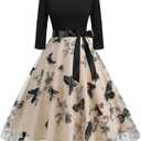 Women's Vintage Floral Dress 3/4 Sleeve Fall Dresses with Belt A-Line Cocktail Wedding Guest Embroidered Tulle Dress, M