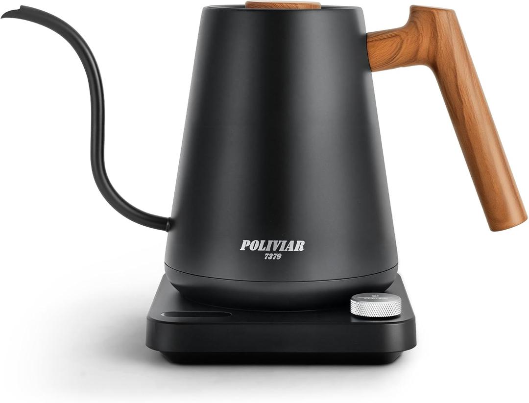POLIVIAR Electric Gooseneck Kettle, 1350W Electric Tea Kettle Wood Pattern Handle, 34oz Pour Over Electric Kettle for Coffee & Tea, 18/8 Stainless Steel Inner, Temperature Control & Rapid Heating (Black)