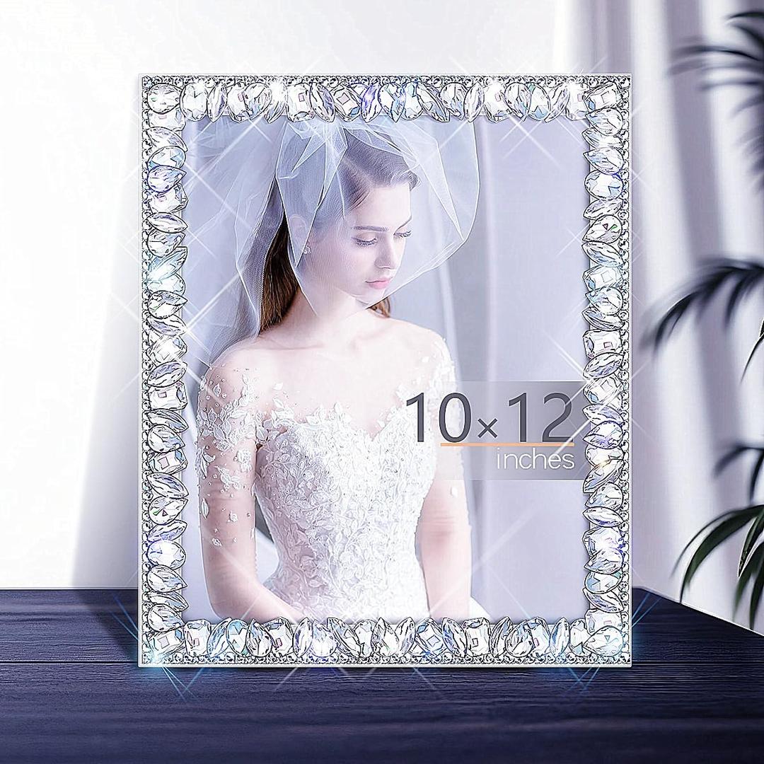 10x12 Wood Bling Picture Frame for Hanging Wall Decor,Photo Frame Display Pictures 7x9 with Mat or 10x12 Without Mat,Glitter Sparkle Different Glass Diamond lace Picture Frame (White)