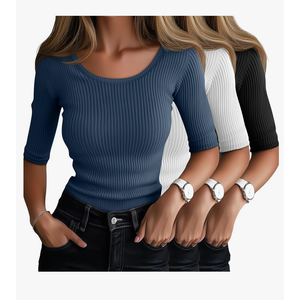Ficerd 3 Pack Elbow Length Shirts for Women Half 1/2 Sleeve Tops Scoop Neck Ribbed Slim Fit Basic Tee 2025 Summer Trendy,XL