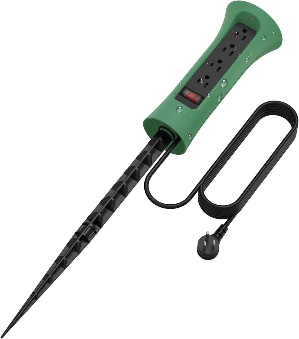 CCCEI Outdoor Power Strip Weatherproof with Stake, Waterproof Extension Cord with Multiple Outlets, Christmas Exterior Garden Decor, Yard, Camping, 4 Plugs, Surge Protector 6FT, Green.