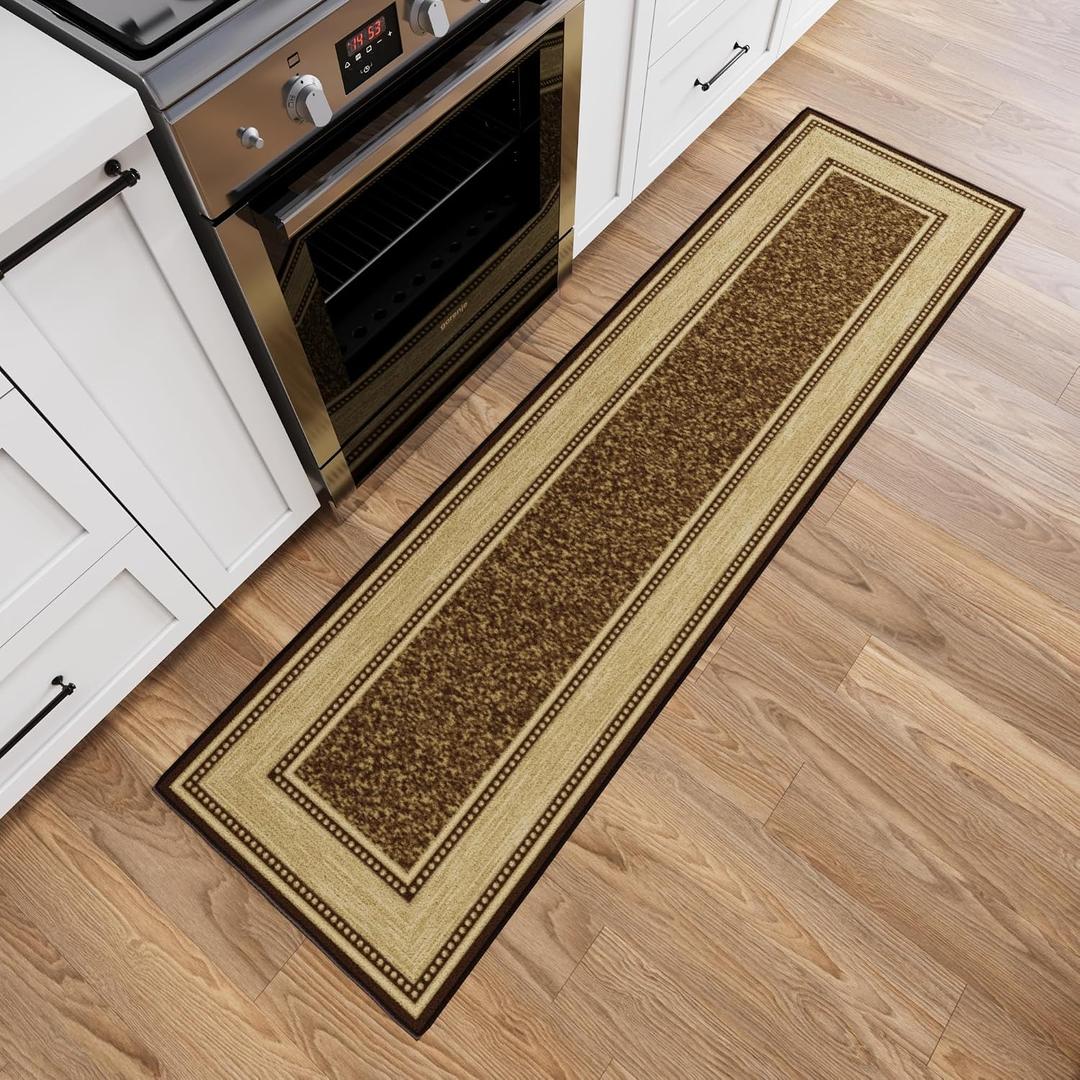 Ottomanson Non-Slip Border Rug with Rubber Backing | Border Non-Slip Bathroom Mat, Ultra-Thin Indoor Entryway Rug, Stain Resistant Carpet for Bedroom Laundry Room, 1'10" x 6', Border Dark Brown