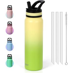 32 oz Insulated Water Bottle With Straw, Double Wall Vacuum Wide Mouth BPA Free Leak-Proof for Sports, Gym or Office, BPA-Free Keep Cold 18H Hot 12H (Yellow-Green)