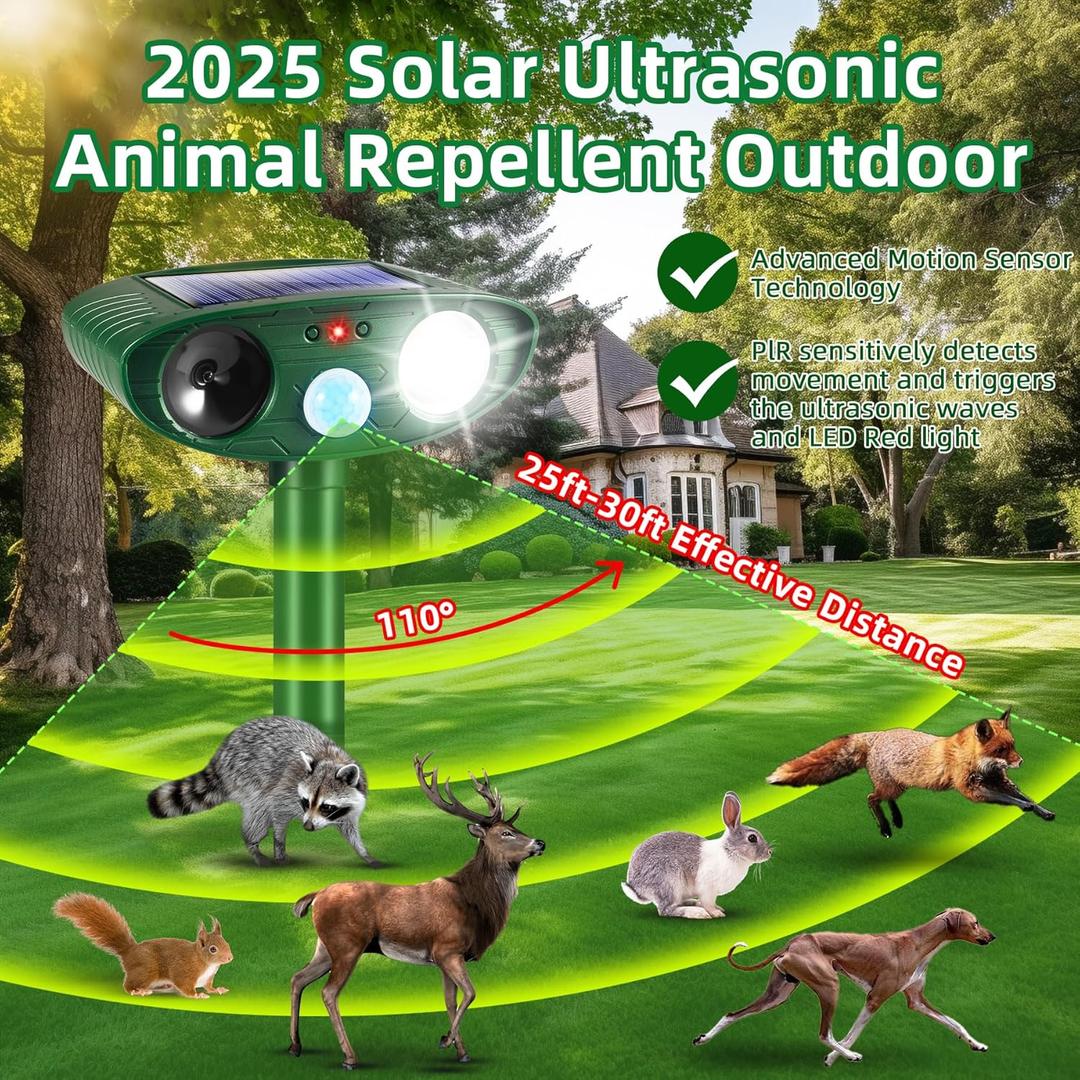2 Pack Solar Ultrasonic Animal Repeller Outdoor Sonic Fortress Pro Deer Repellent Animal Repellent with Motion Detection Flash Light for Cat Racoon Squirrel Dog Rodent Rabbit Deterrent for Garden Yard