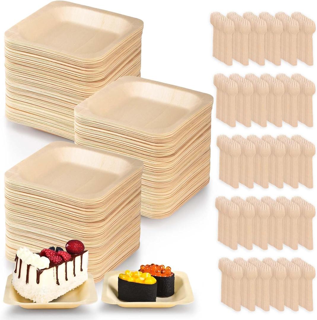 CONLI 300 Pcs Disposable Palm Leaf Bowls, Square Bamboo Appetizer Plates, Compostable Wood Plates with Bamboo Forks for Birthday Wedding Party, Dessert, Catering and Home Use (4.4 x 4.4x0.5 Inch)