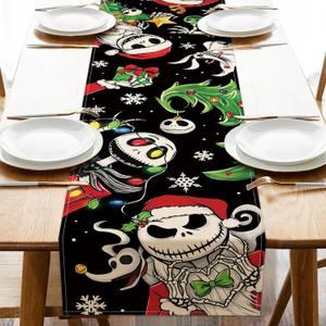 Christmas Jack Table Runner, Xmas Tree Kitchen Dining Table Decoration, Funny Holiday Winter Burlap Indoor Outdoor Home Decor Party Supply 13 x 72 Inches