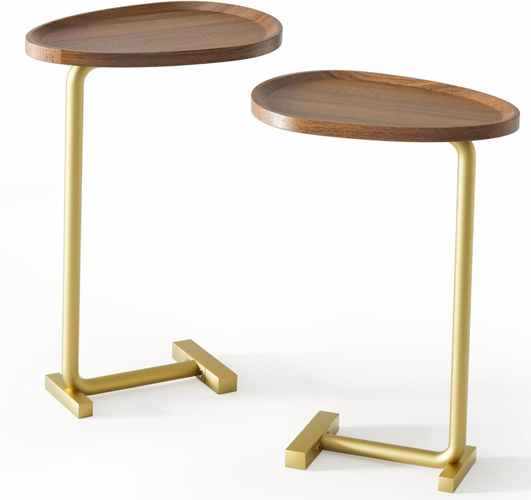 2 Pack Small Side Table New C Table Narrow Round Bed Sofa Casual Beverage Coffee Table TV Tray, Bedrooms NarrowSide Table Gold Country Table Modern and Simple, Metal and Wood - (Walnut Color 2 Pack)