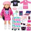 American 18 inch Doll Clothes Accessories Girl Suitcase Luggage Travel Set-Doll Clothing Hat Handbag Sunglasses Camera Computer Passport Cell Phone for Valentine's Day Birthday(NO Doll)