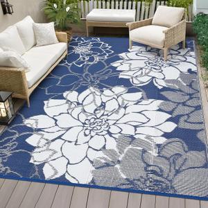 COZYLOOM Large Outdoor Rugs 9x18 Waterproof Plastic Straw Rug for Patio, Reversible Modern Flower Camping Rug with Portable Bag & Stakes, Foldable & UV Resistant, Outdoor Carpet for Yard Deck, Navy