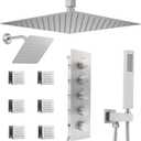 Thermostatic Shower System Dual Shower Heads with 16" Ceiling Mounted Rain Shower Head & 6" Wall Mounted Head 4 Function Shower System with body jets Can All Run Together, Brushed Nickel