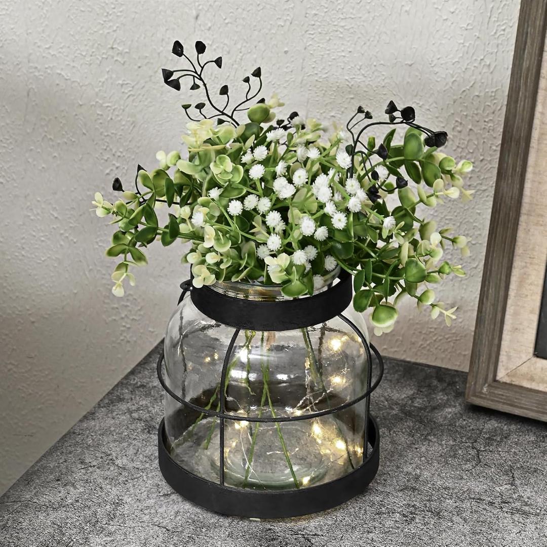 Farmhouse Lantern Vase Vintage Glass Flower Vases with Plants Babysbreath Lights Rustic Floral Arrangement Centerpieces Home Decor Hostess Housewarming Gift Black