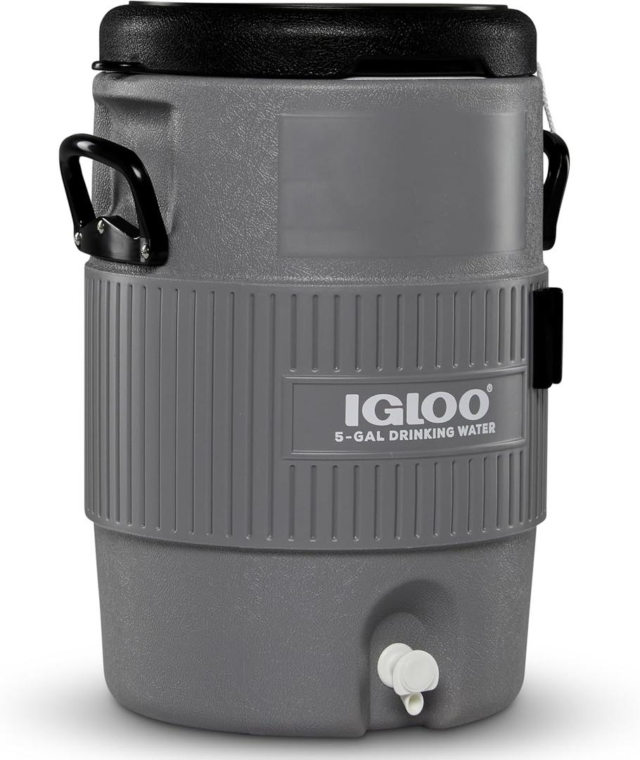 Igloo 5 Gallon Portable Sports Cooler Water Beverage Dispenser with Flat Seat Lid, Insulated Beverage Dispenser, Grey/Black