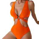 Women's Deep V Neck One Piece Swimsuit O-Ring Swimwear Sexy Cut Out Bathing Suit (Large) Orange