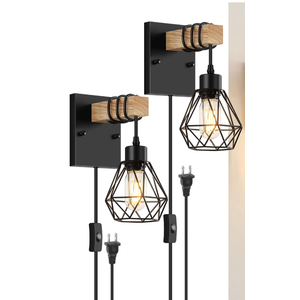 Lomoky Plug in Wall Sconces Set of Two, Vintage Wood Wall Lamps with Plug in Cord, Farmhouse Wall Light Fixture with 5.25FT On/Off Switch Cord, Indoor Sconces Lighting for Bedroom Living Room (Black)