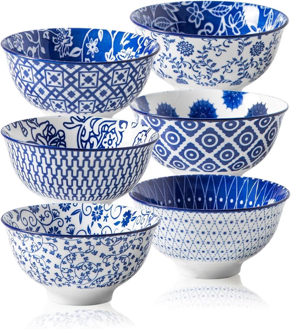 Ceramic Dessert Bowls Set - Small 12 Oz Cereal Bowls - 4.75 Inch Ice Cream Bowls for Fruit, Snack, Side Dishes, Dipping Sauce - Microwave Dishwasher Safe - Set of 6 - Vintage Blue