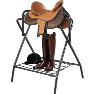 VEVOR Folding Saddle Rack, Freestanding Horse Saddle Stand, Portable Horse Blanket Holder, Heavy Duty Steel Saddle Rack for English & Western Saddles, Tack Storage, 28 x 19 x 37.5 in, Black