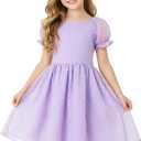 HILEELANG Girls Chiffon Dress with Puff Sleeves, Flower Girl Party Dress with Soft Lining (6-7 Years)